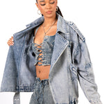 Oversized Acid Wash Blue Denim Biker Jacket - Liquor n Poker