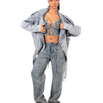 Oversized Acid Wash Blue Denim Biker Jacket - Liquor n Poker