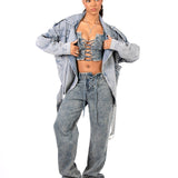 Oversized Acid Wash Blue Denim Biker Jacket - Liquor n Poker