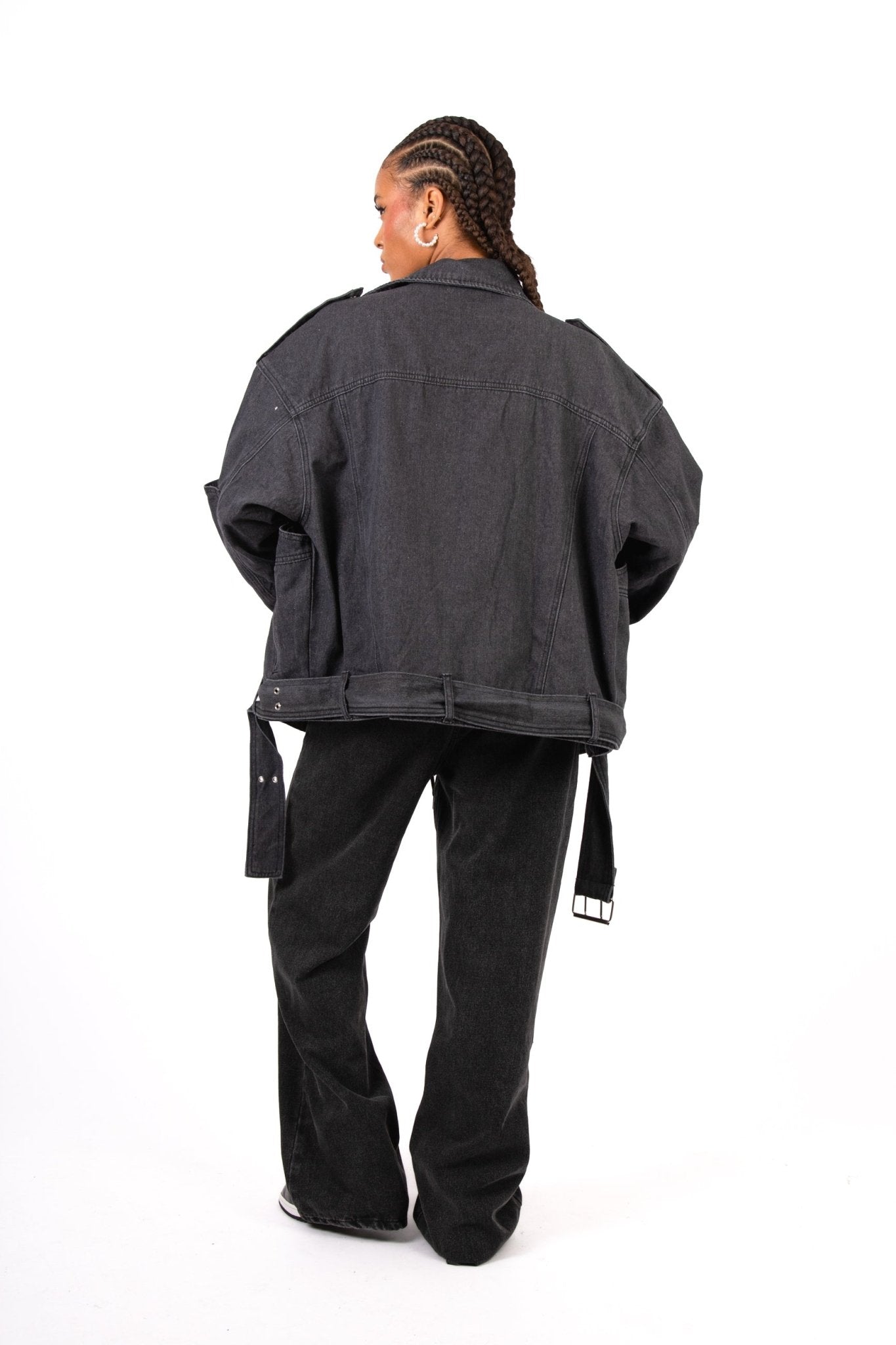 Oversized Black Denim Biker Jacket - Liquor n Poker