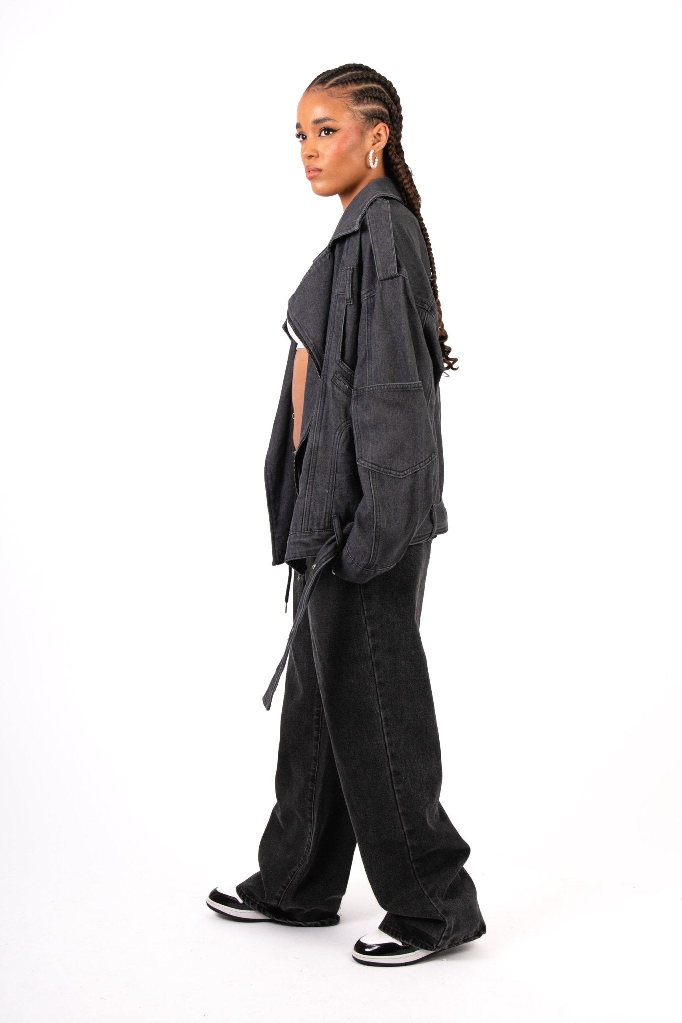 Oversized Black Denim Biker Jacket - Liquor n Poker