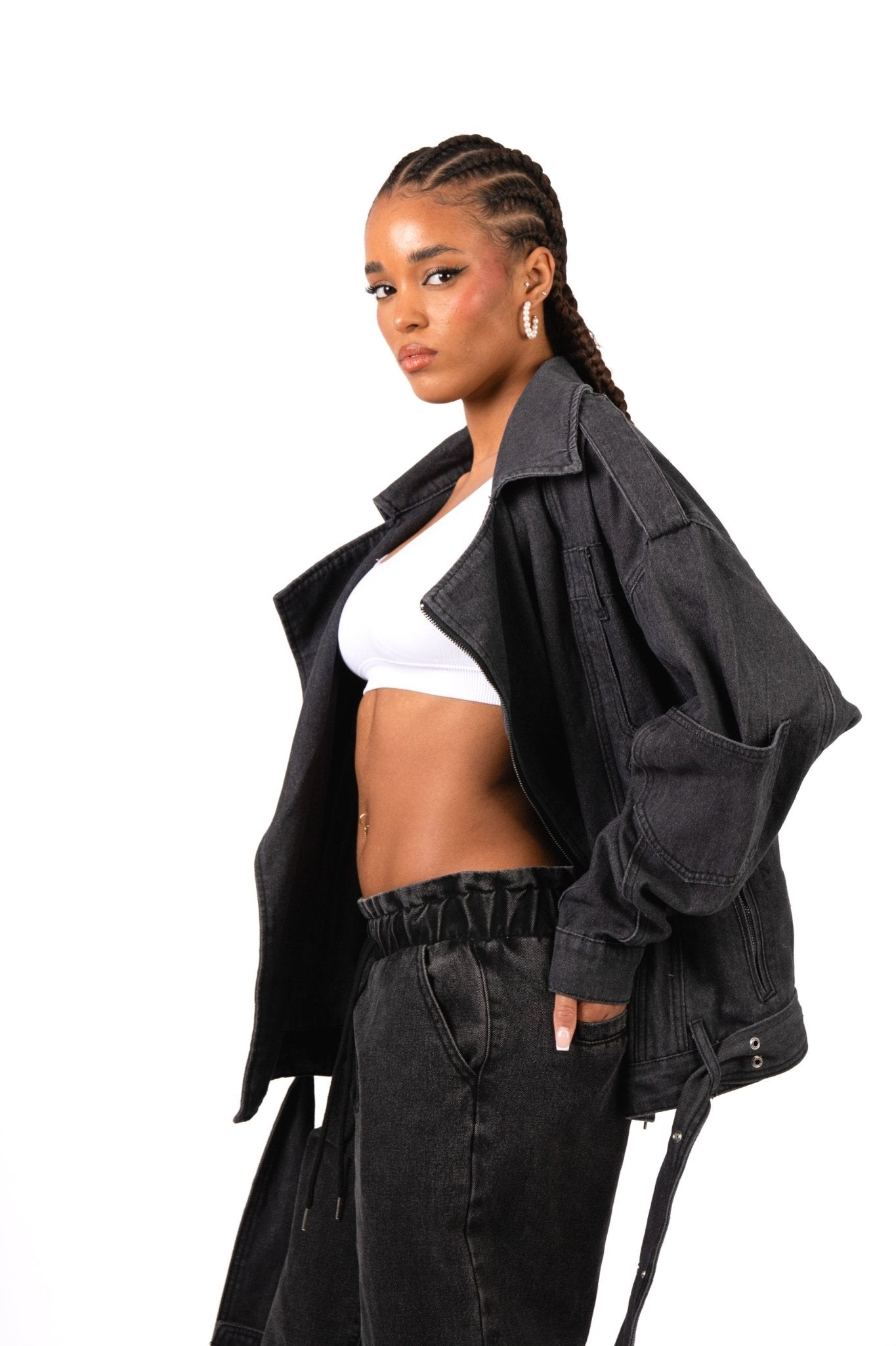 Oversized Black Denim Biker Jacket - Liquor n Poker
