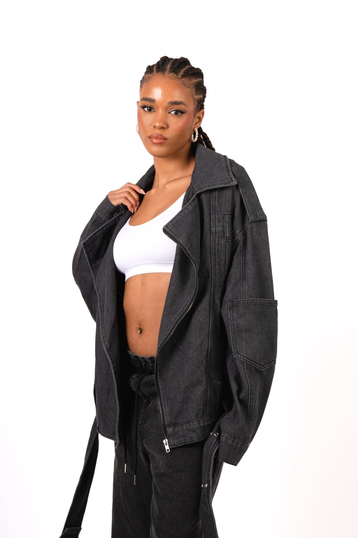 Oversized Black Denim Biker Jacket - Liquor n Poker