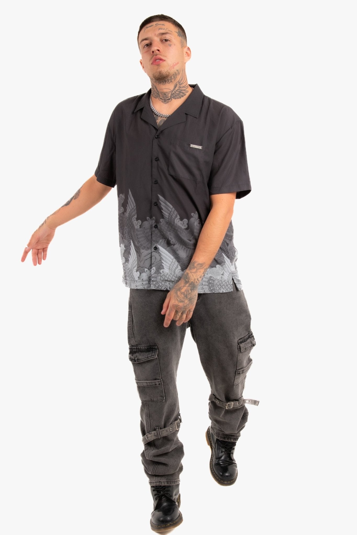 Oversized Boxy Shirt With Ombre Japanese Bird Print - Liquor n Poker