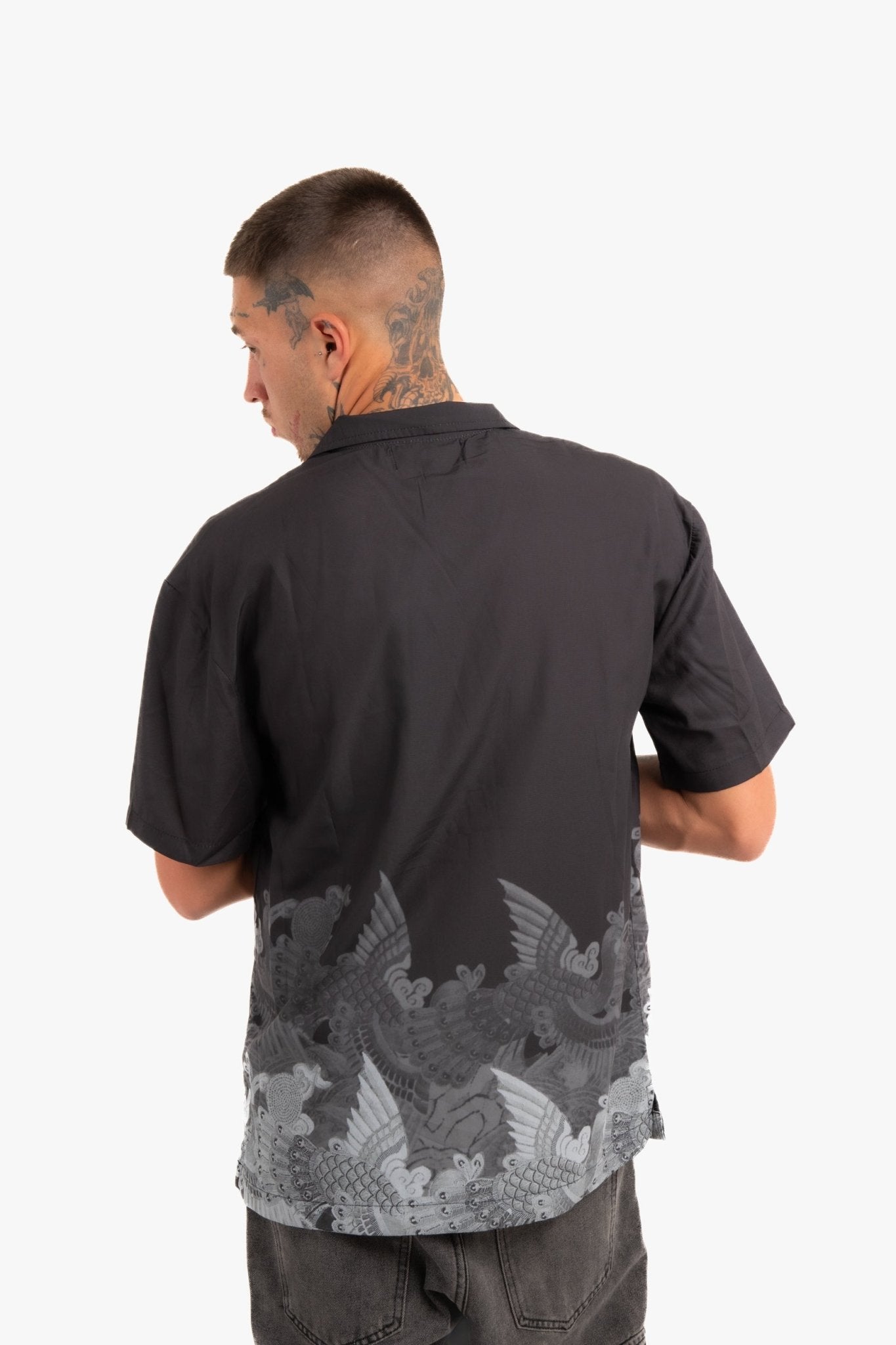 Oversized Boxy Shirt With Ombre Japanese Bird Print - Liquor n Poker