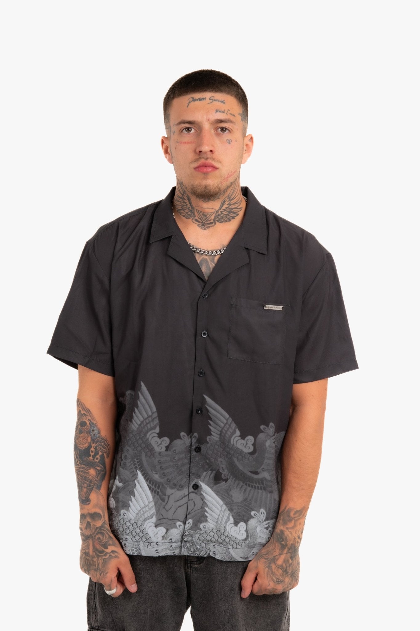 Oversized Boxy Shirt With Ombre Japanese Bird Print - Liquor n Poker