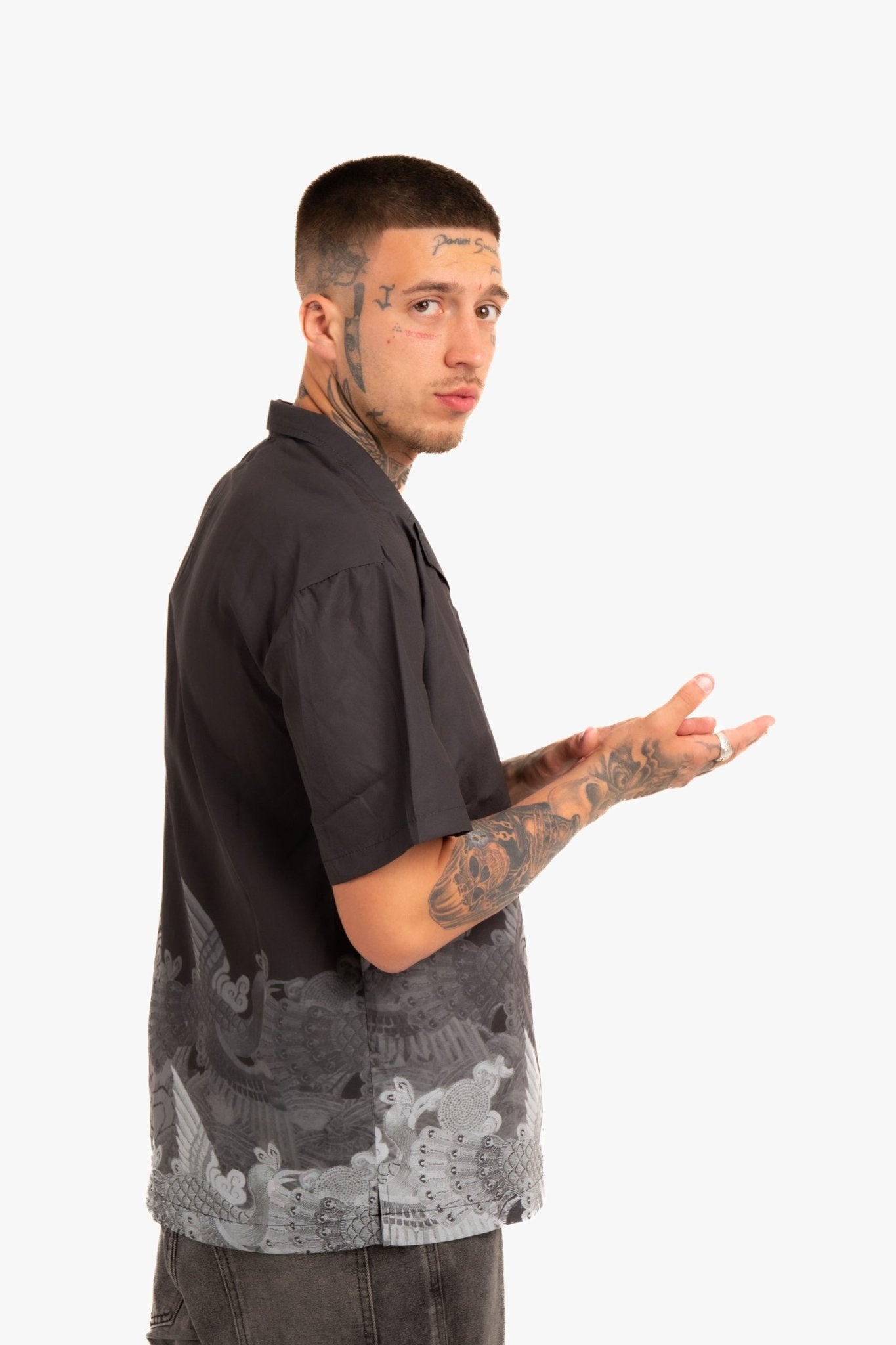 Oversized Boxy Shirt With Ombre Japanese Bird Print - Liquor n Poker