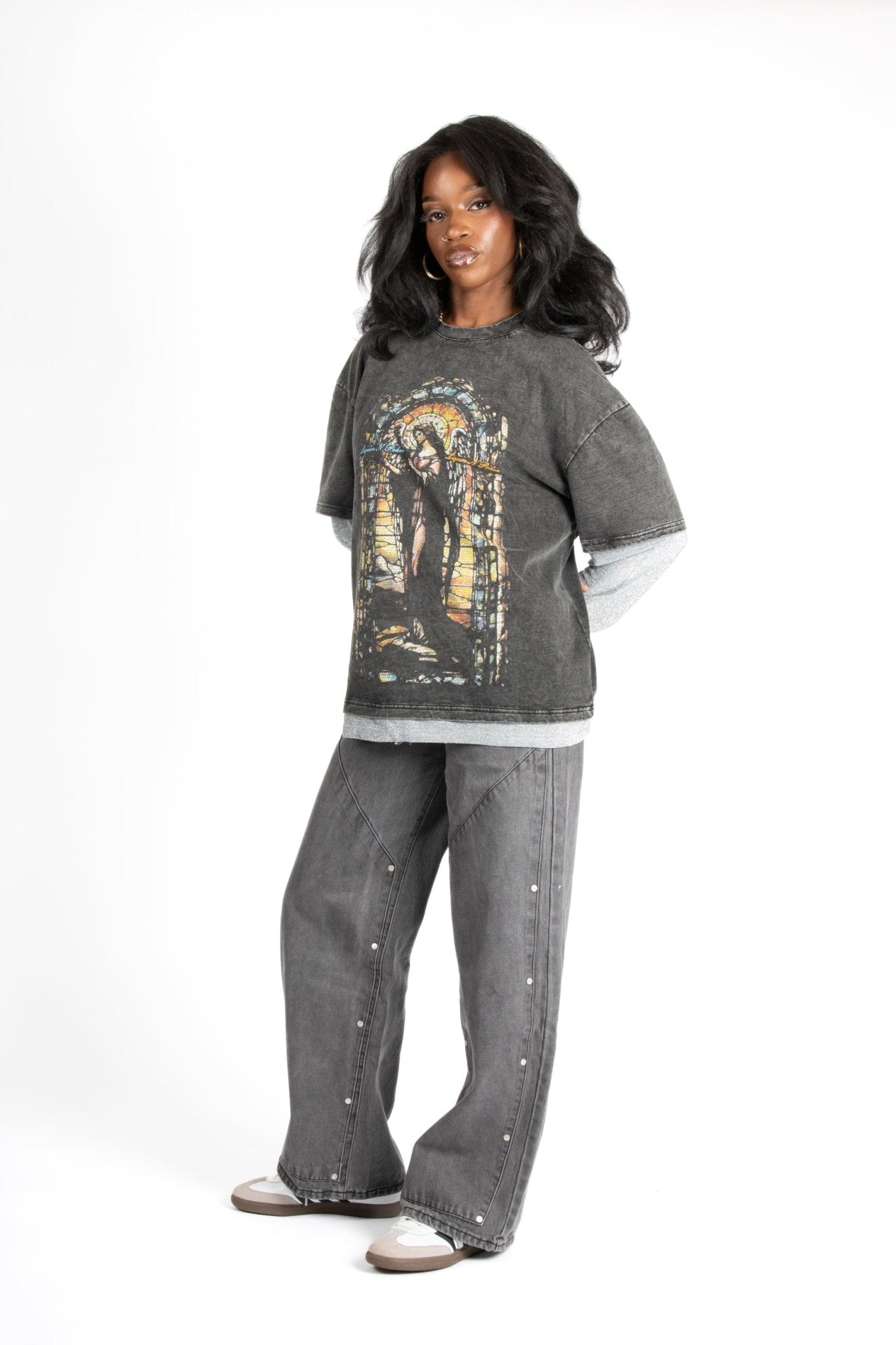 Oversized Charcoal Long Sleeve "Renaissance" Graphic Printed T-Shirt - Liquor n Poker
