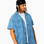 Oversized Floral Textured Jacquard Denim Revere Collar Shirt - Liquor n Poker