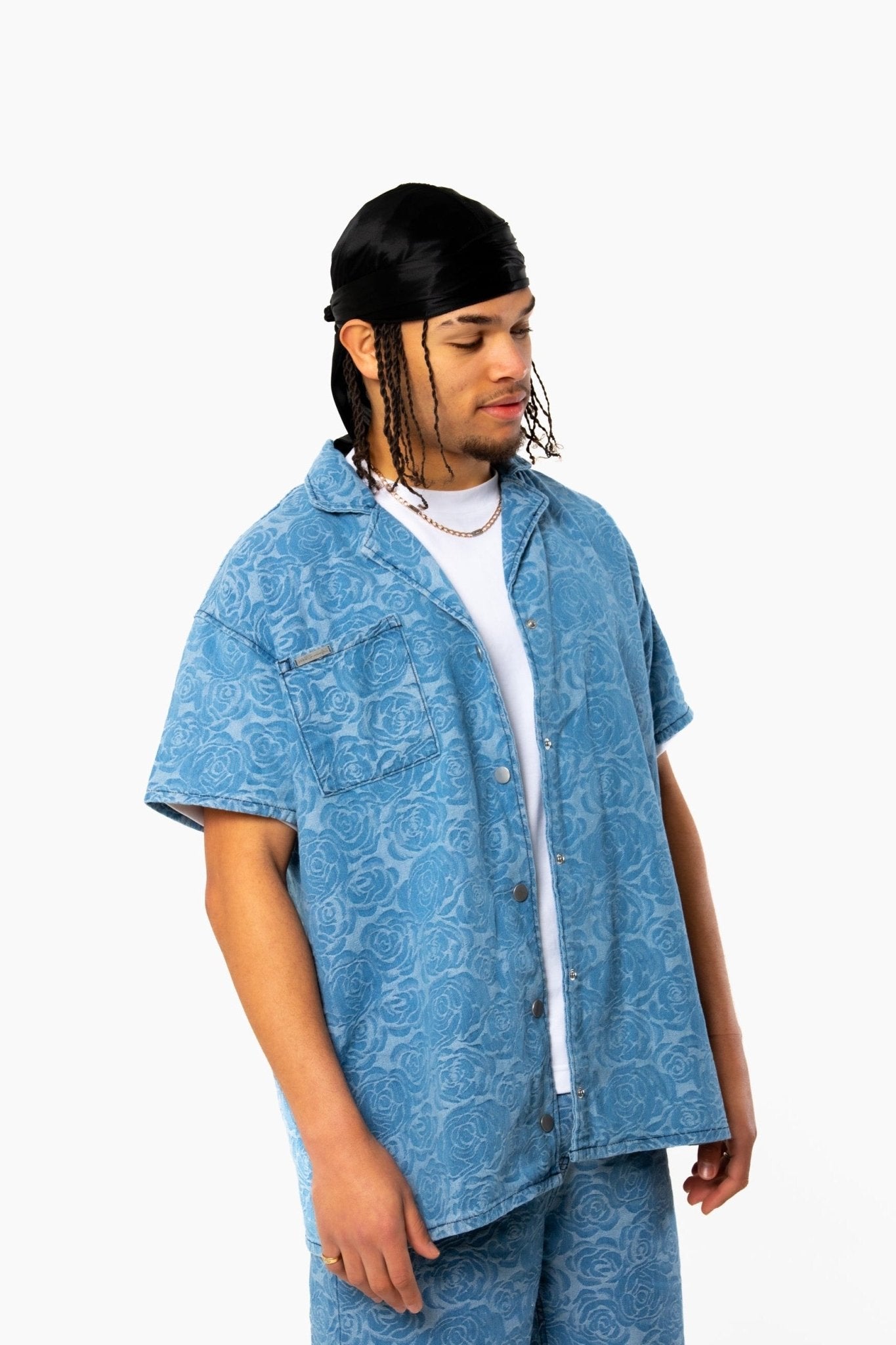 Oversized Floral Textured Jacquard Denim Revere Collar Shirt - Liquor n Poker