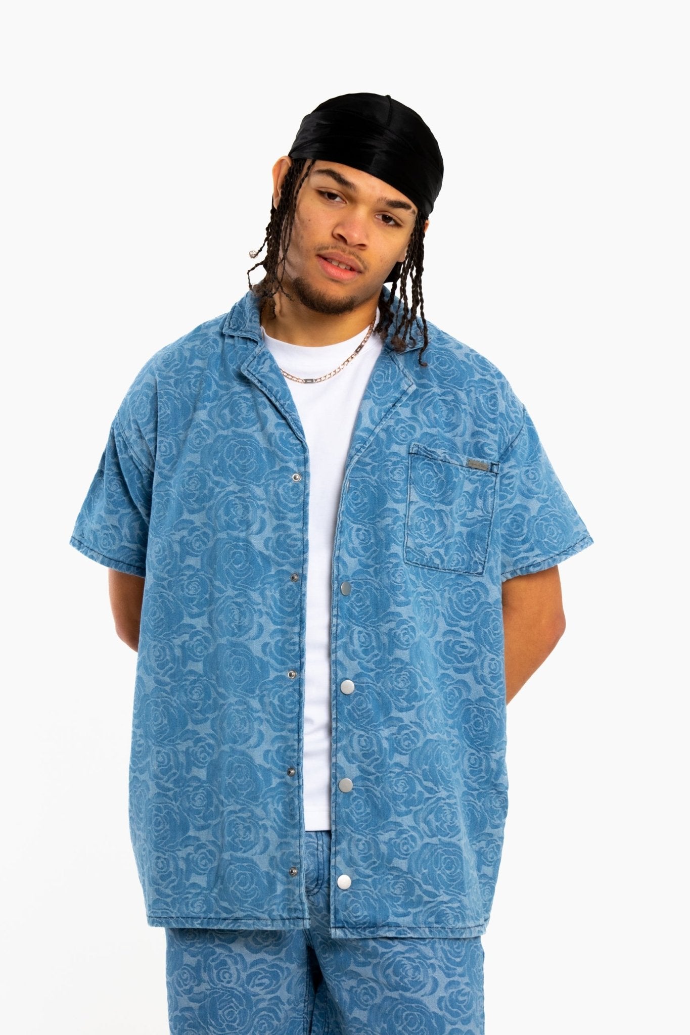 Oversized Floral Textured Jacquard Denim Revere Collar Shirt - Liquor n Poker