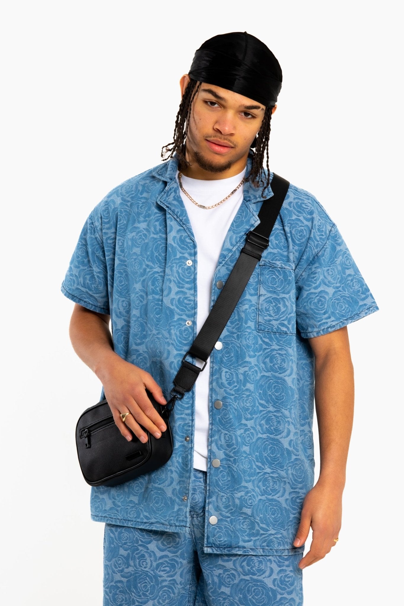 Oversized Floral Textured Jacquard Denim Revere Collar Shirt - Liquor n Poker