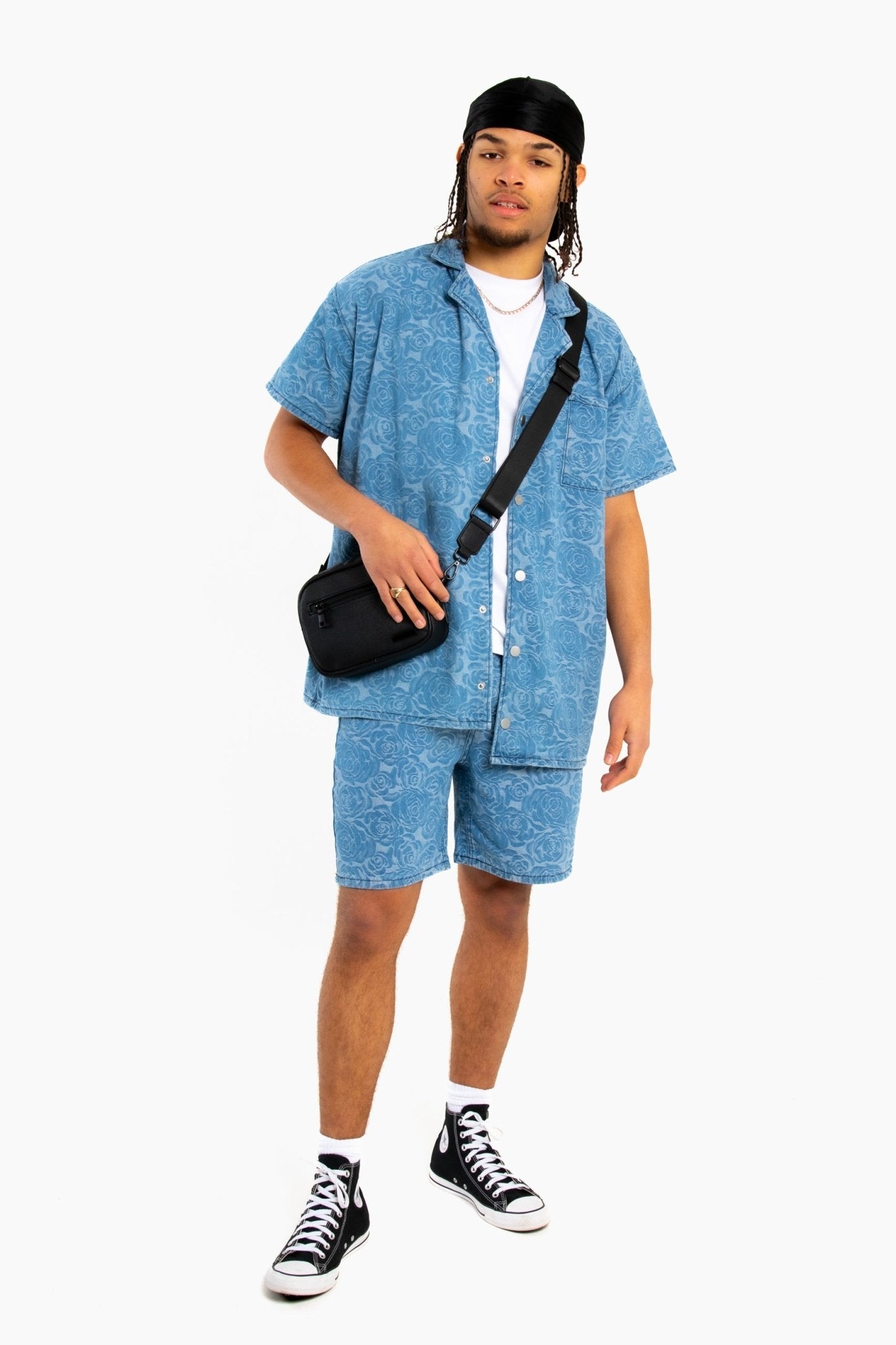 Oversized Floral Textured Jacquard Denim Revere Collar Shirt - Liquor n Poker