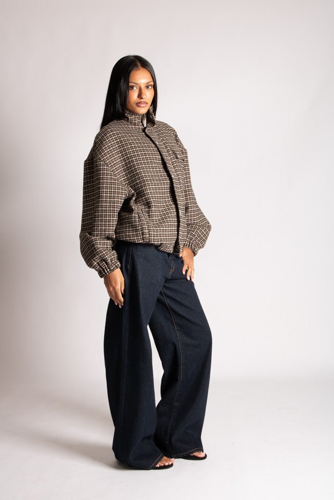 Oversized Funnel Neck Brown Check Jacket - Liquor n Poker