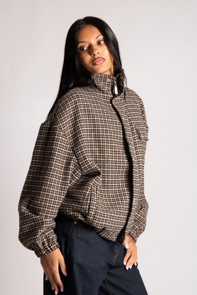 Oversized Funnel Neck Brown Check Jacket - Liquor n Poker