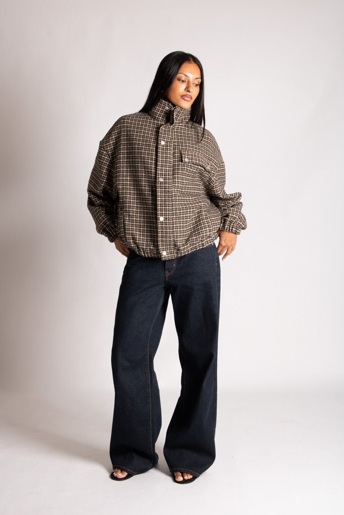 Oversized Funnel Neck Brown Check Jacket - Liquor n Poker