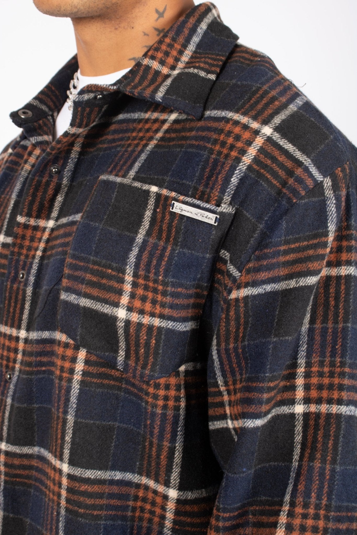 Oversized Long Sleeve Navy Flannel Shirt - Liquor n Poker