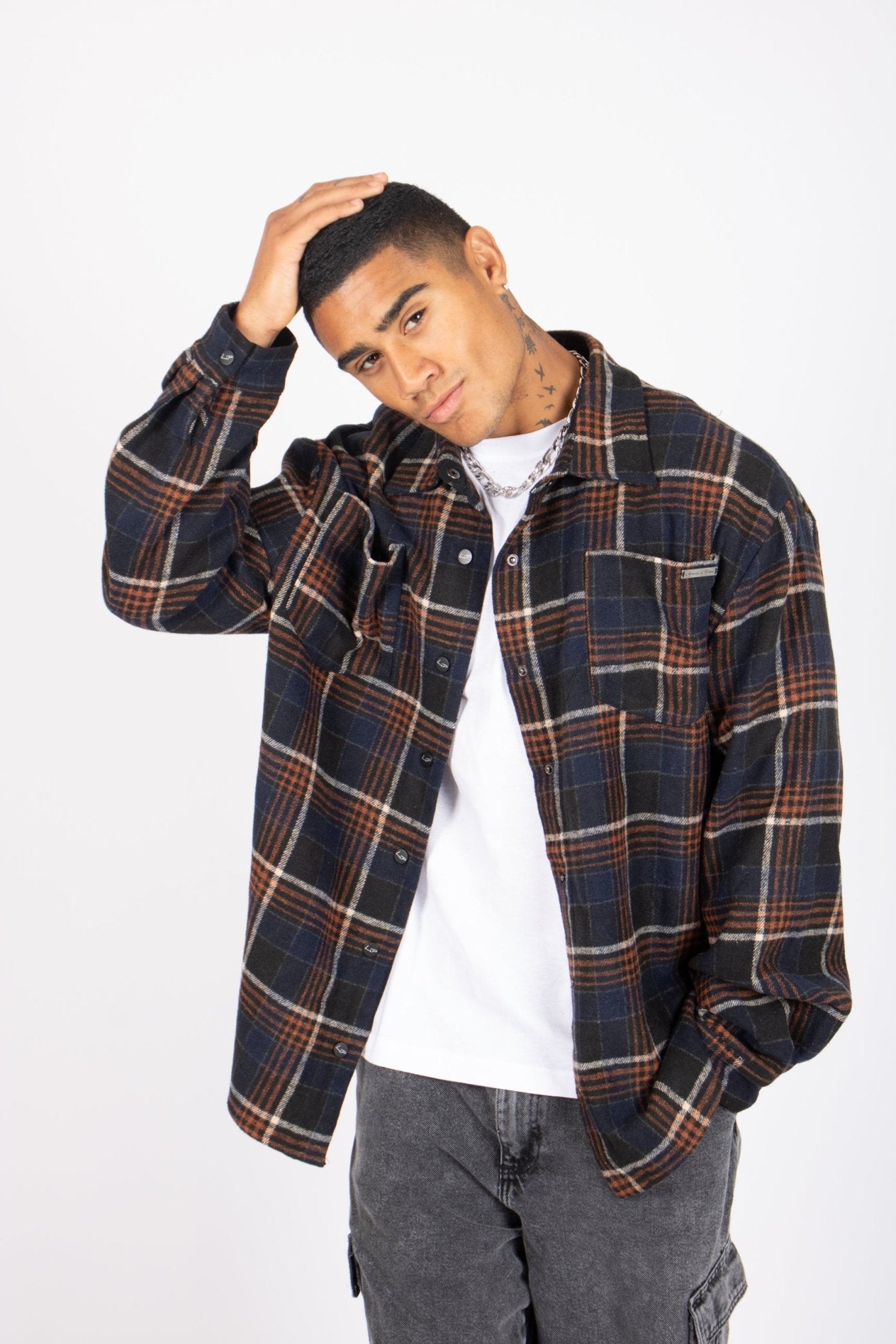 Oversized Long Sleeve Navy Flannel Shirt - Liquor n Poker