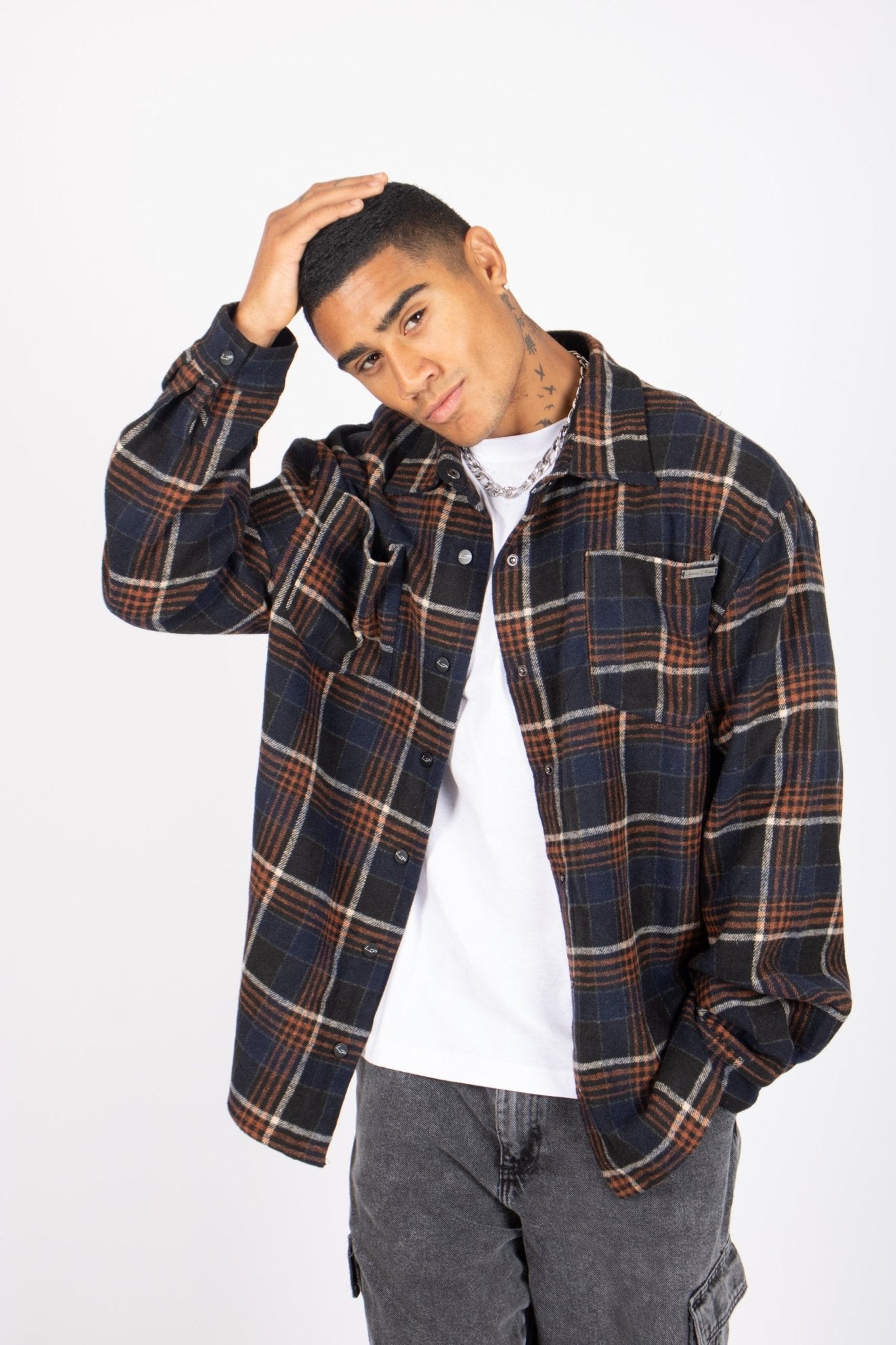 Oversized Long Sleeve Navy Flannel Shirt - Liquor n Poker
