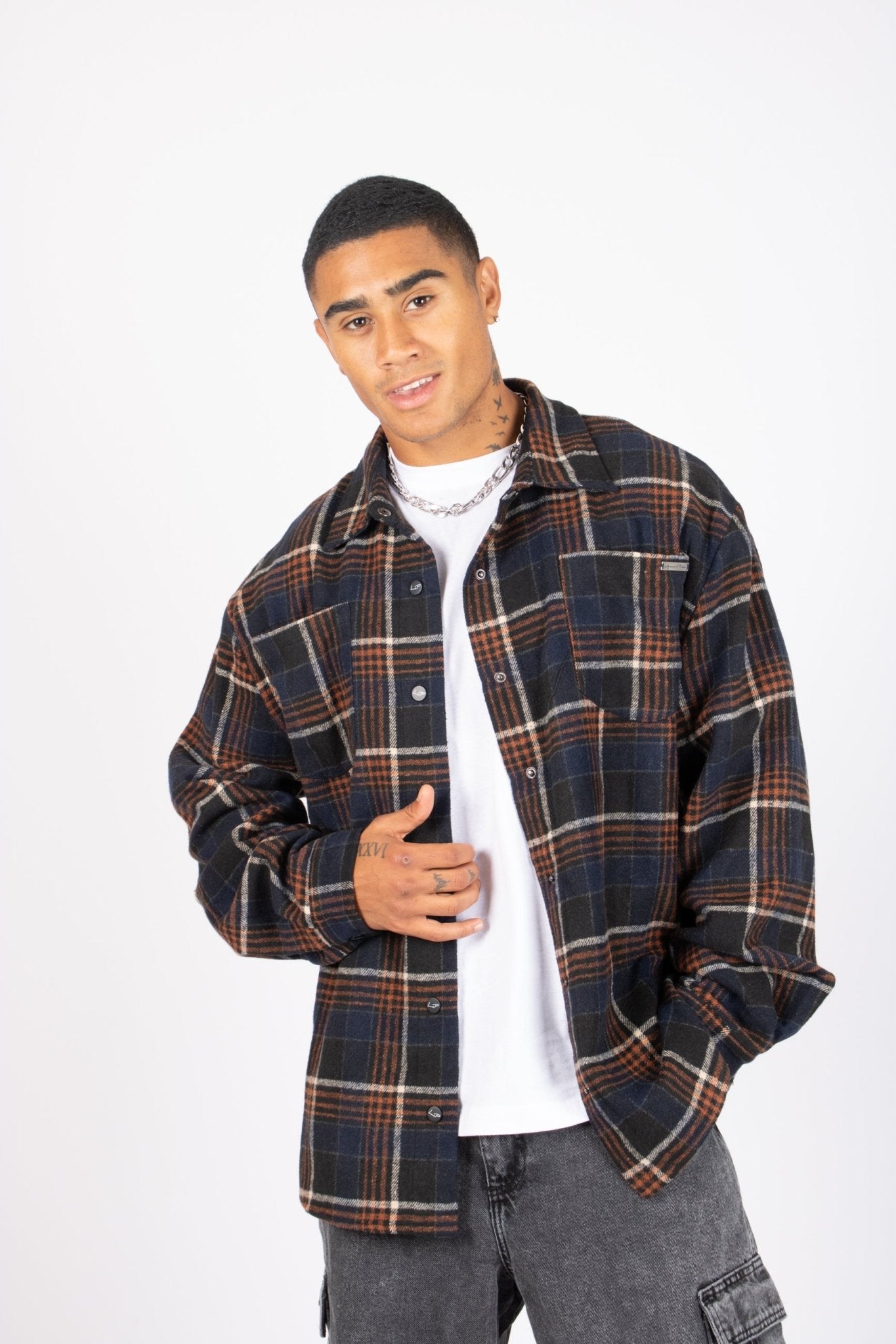 Oversized Long Sleeve Navy Flannel Shirt - Liquor n Poker