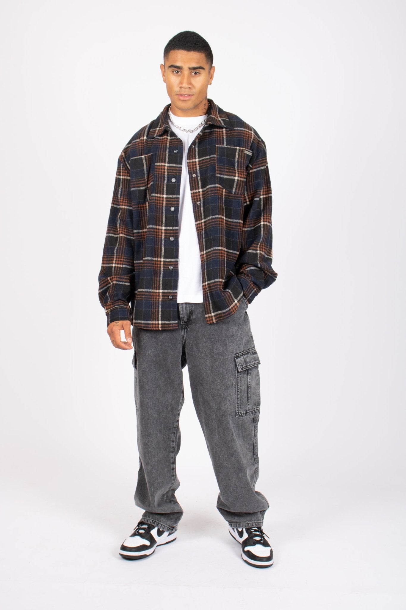 Oversized Long Sleeve Navy Flannel Shirt - Liquor n Poker