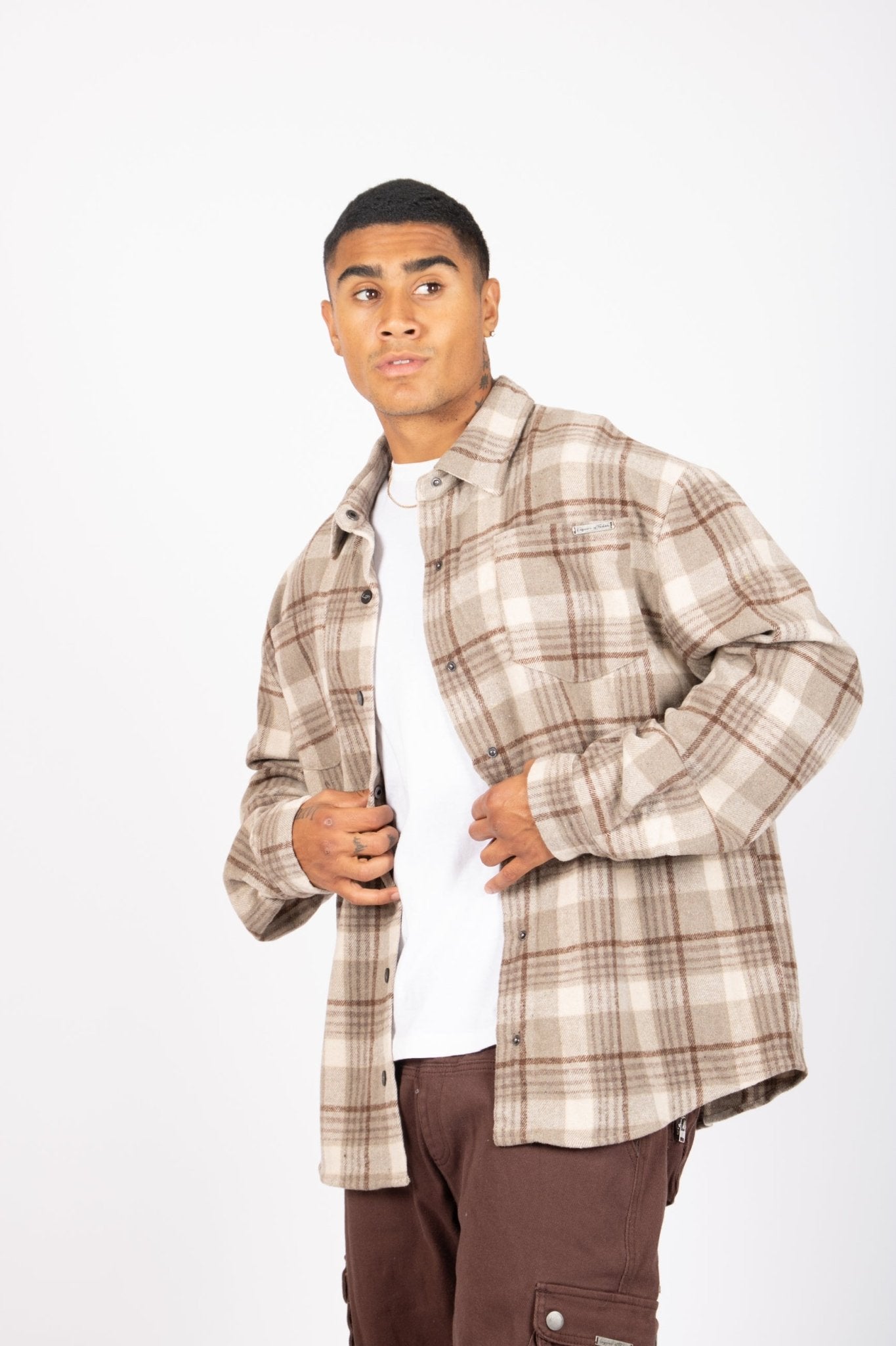 Oversized Long Sleeve Stone Flannel Shirt - Liquor n Poker