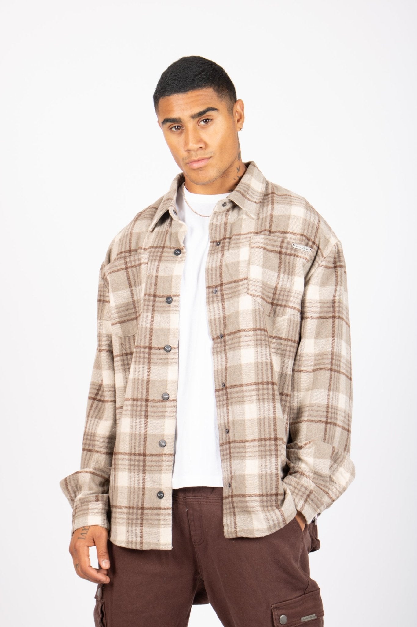 Oversized Long Sleeve Stone Flannel Shirt - Liquor n Poker