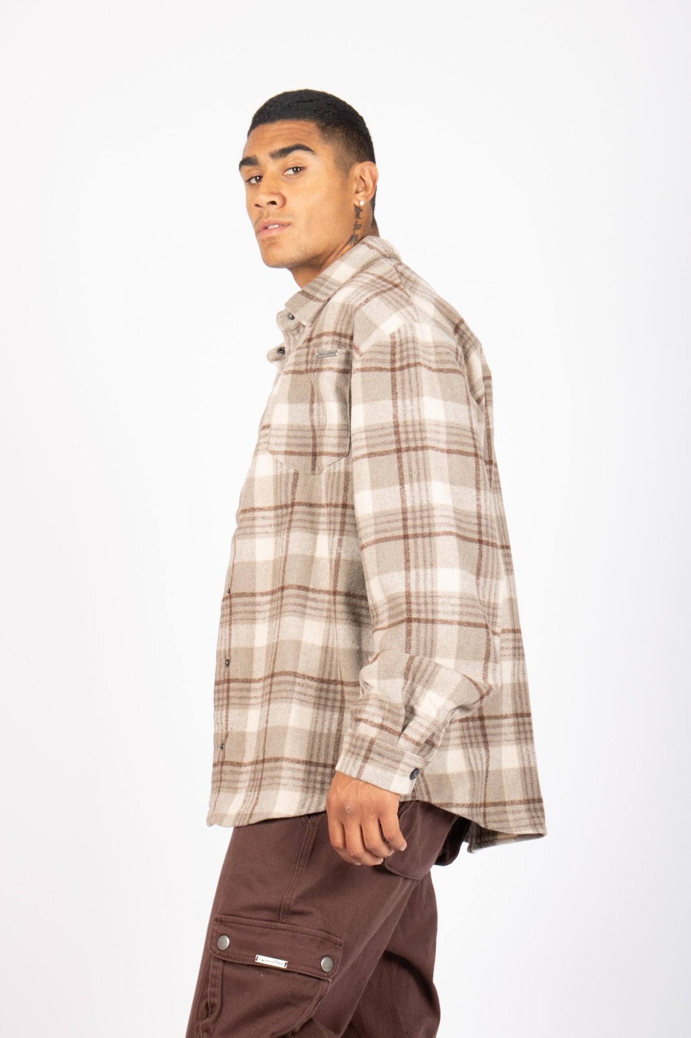 Oversized Long Sleeve Stone Flannel Shirt - Liquor n Poker