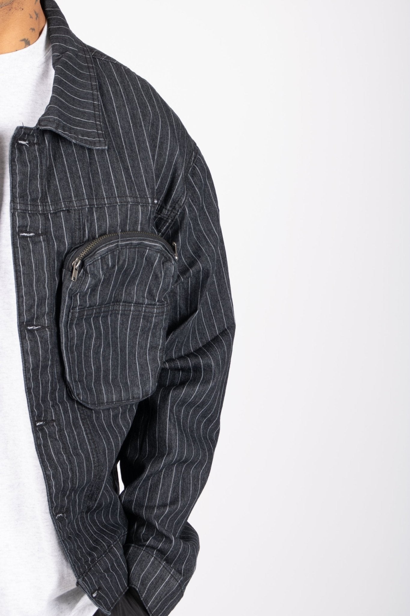Oversized Pinstripe Utility Denim Jacket - Liquor n Poker