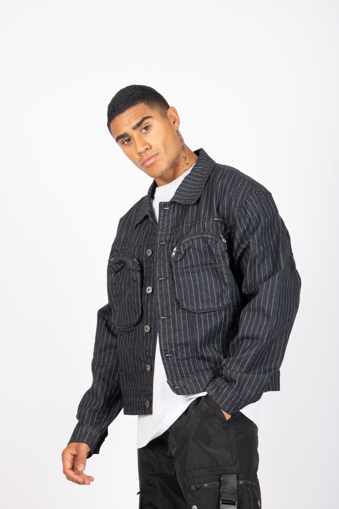Oversized Pinstripe Utility Denim Jacket - Liquor n Poker