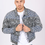 Oversized Trucker Jacket In Black Floral And Blue Paisley Splicing - Liquor n Poker