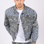Oversized Trucker Jacket In Black Floral And Blue Paisley Splicing - Liquor n Poker