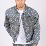 Oversized Trucker Jacket In Black Floral And Blue Paisley Splicing - Liquor n Poker