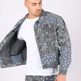 Oversized Trucker Jacket In Black Floral And Blue Paisley Splicing - Liquor n Poker