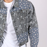 Oversized Trucker Jacket In Black Floral And Blue Paisley Splicing - Liquor n Poker