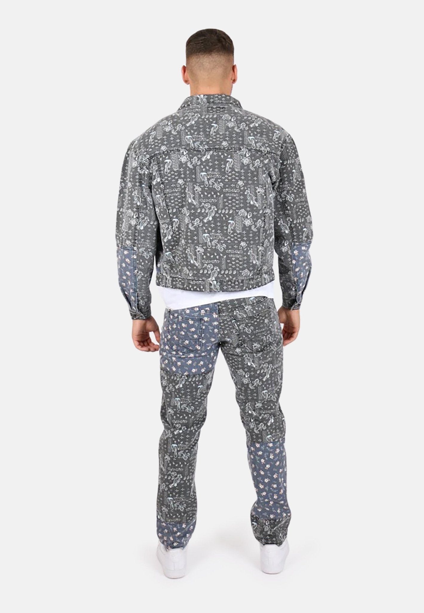 Oversized Trucker Jacket In Black Floral And Blue Paisley Splicing - Liquor n Poker