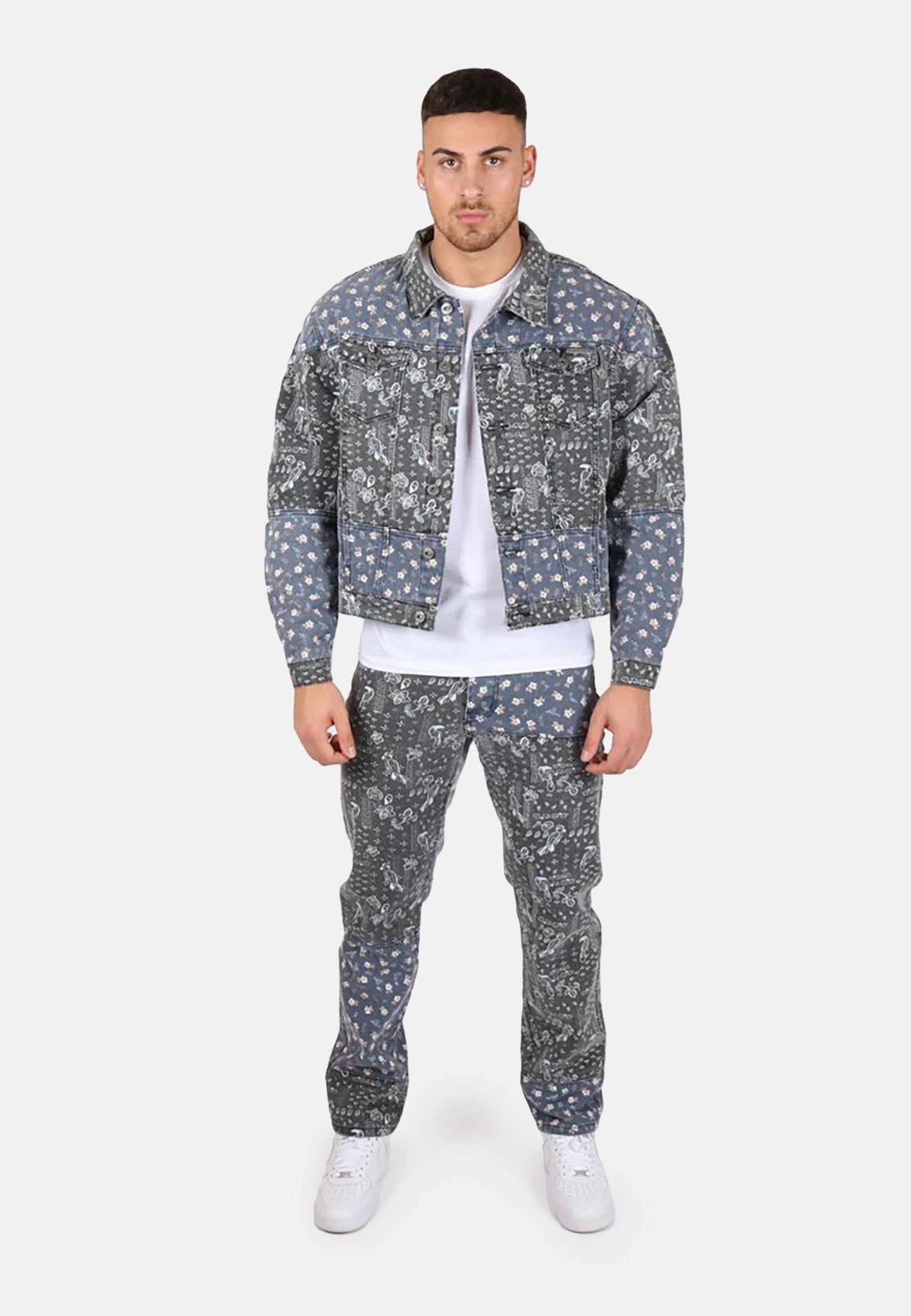 Oversized Trucker Jacket In Black Floral And Blue Paisley Splicing - Liquor n Poker