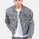 Oversized Trucker Jacket In Black Floral And Blue Paisley Splicing - Liquor n Poker