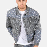 Oversized Trucker Jacket In Black Floral And Blue Paisley Splicing - Liquor n Poker