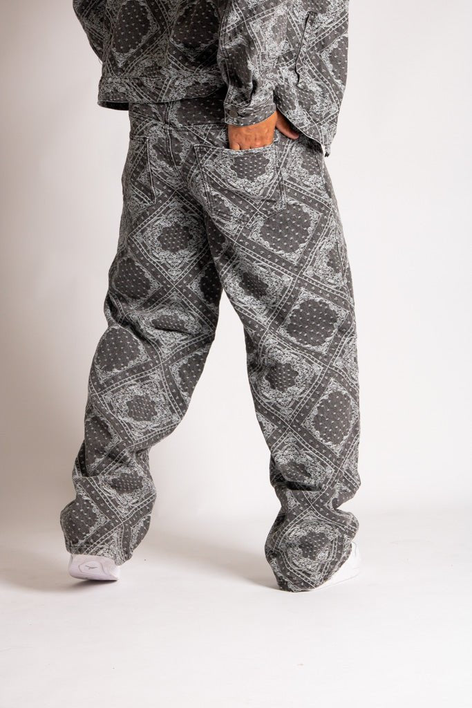 Paisley Jacquard Denim Baggy Carpenter Jeans in Black - Liquor n Poker