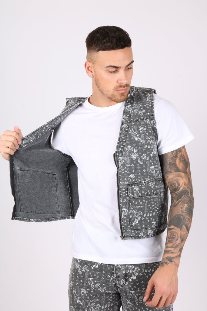 Paisley Printed Denim Gilet Vest - Liquor n Poker