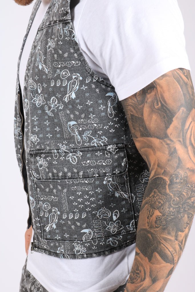 Paisley Printed Denim Gilet Vest - Liquor n Poker