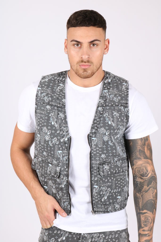 Paisley Printed Denim Gilet Vest - Liquor n Poker