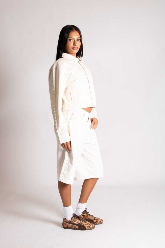 Pearl Studded Denim Jorts In Ecru - Liquor n Poker