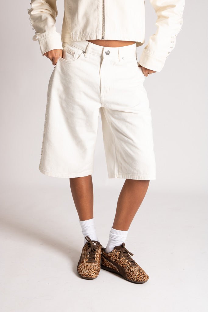 Pearl Studded Denim Jorts In Ecru - Liquor n Poker