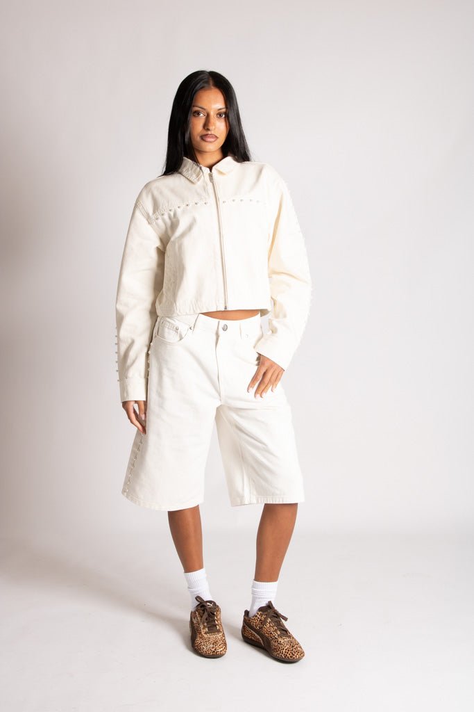 Pearl Studded Denim Jorts In Ecru - Liquor n Poker
