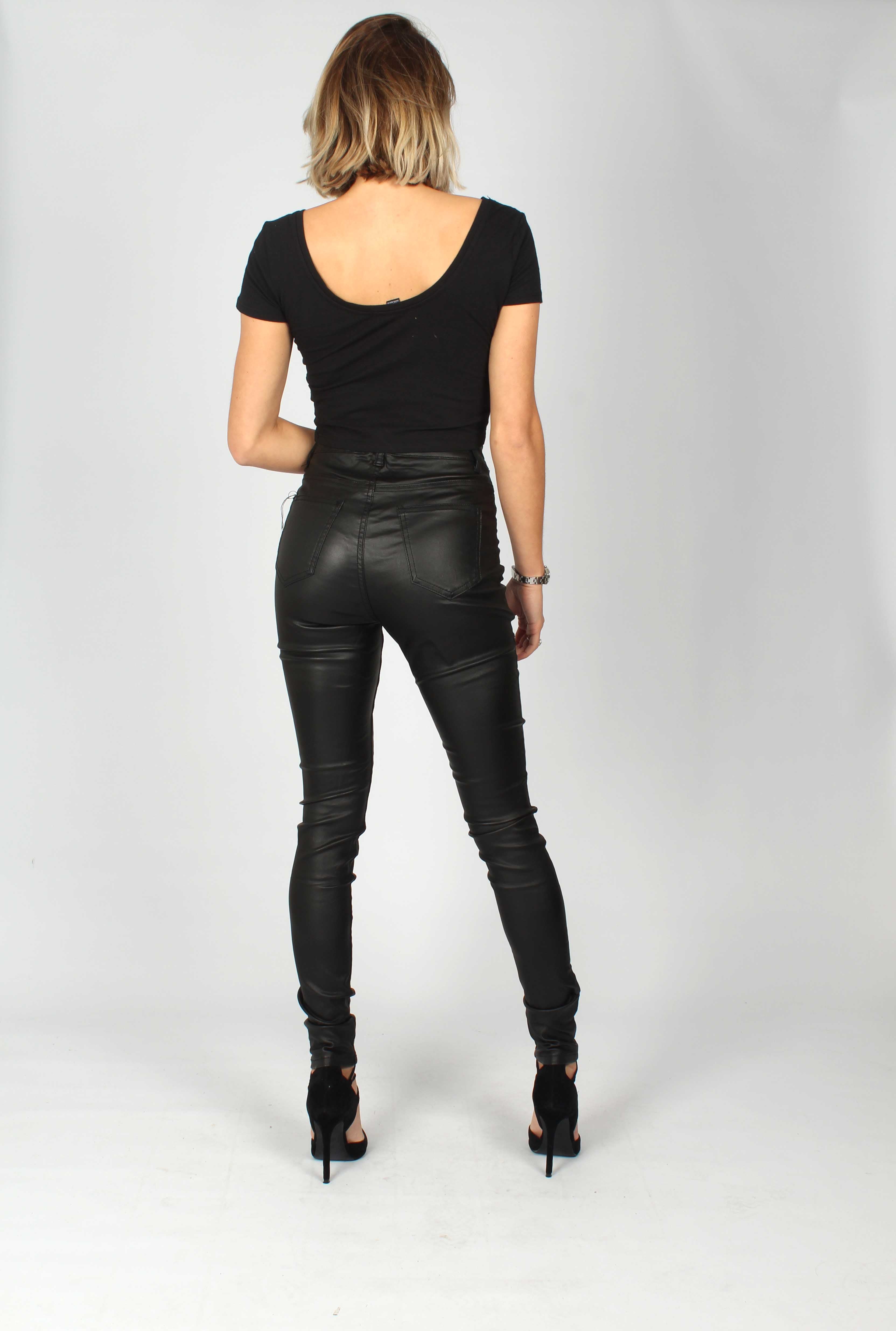 Detroit High-Waisted PU Coated Jeans with Zip Front Pocket