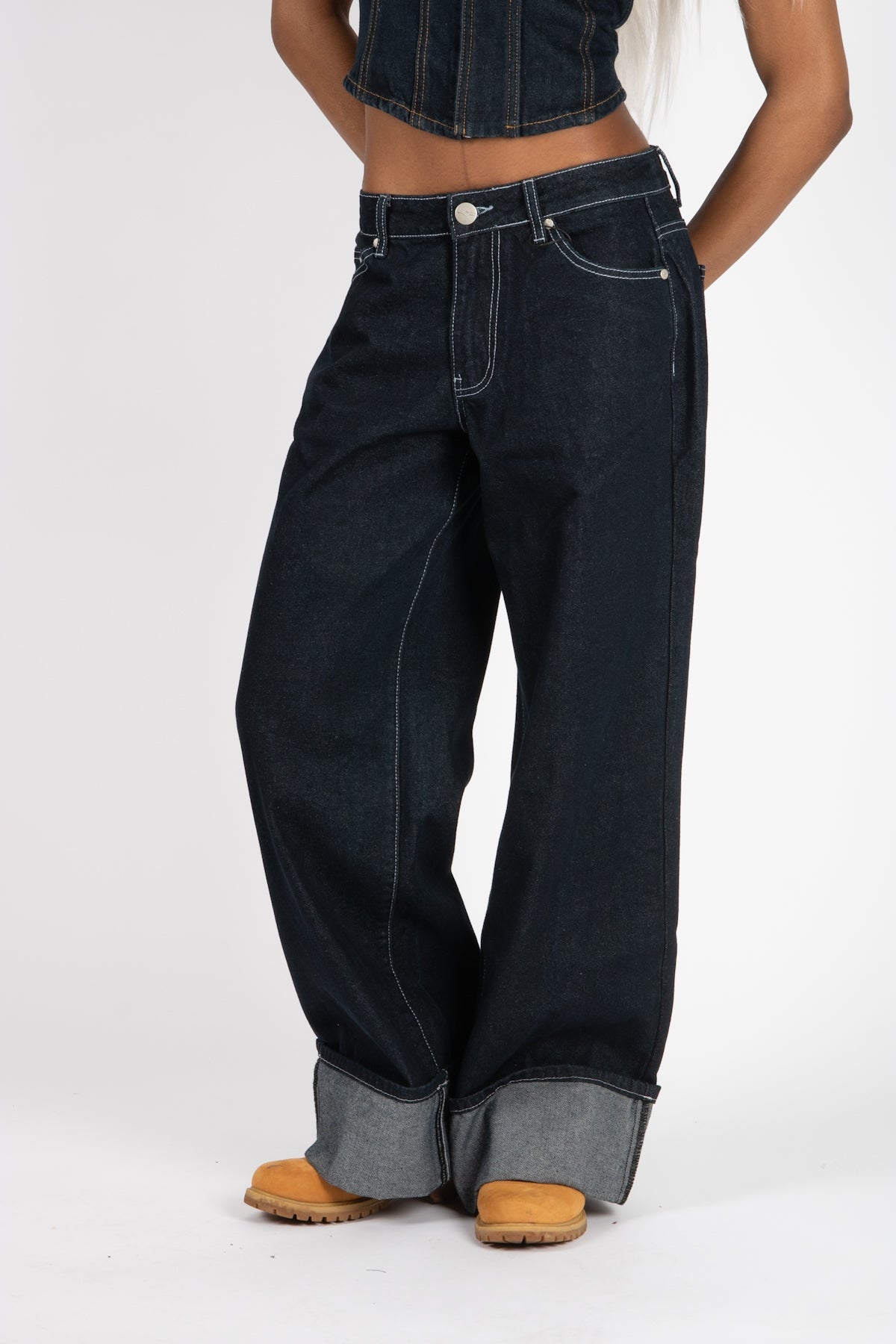 Raw Indigo Mid Rise Contrast Stitch Baggy Jeans - Liquor n Poker