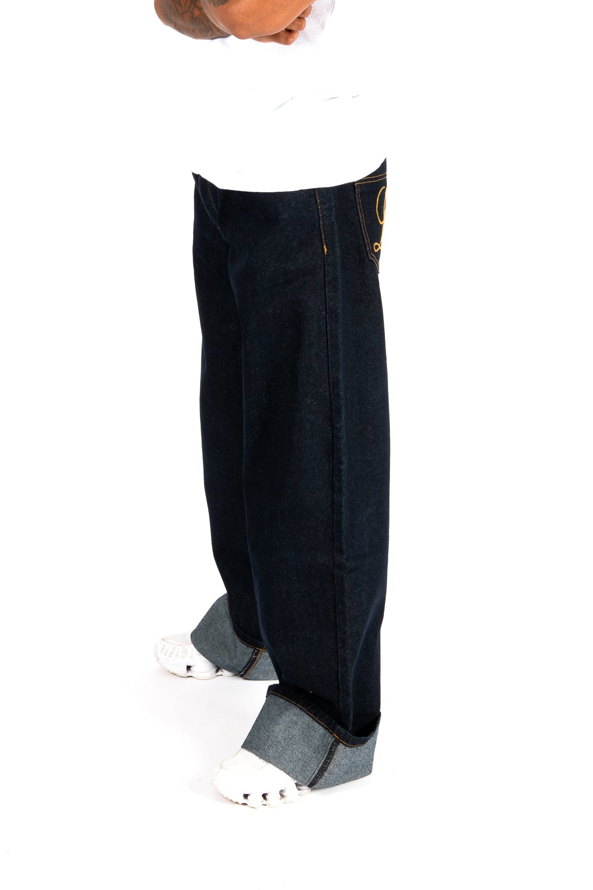 Raw Indigo Mid Rise Contrast Stitch Baggy Jeans - Liquor n Poker