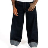 Raw Indigo Mid Rise Contrast Stitch Baggy Jeans - Liquor n Poker